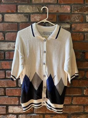 Vintage Russ Argyle Short-Sleeve Cardigan Sweater